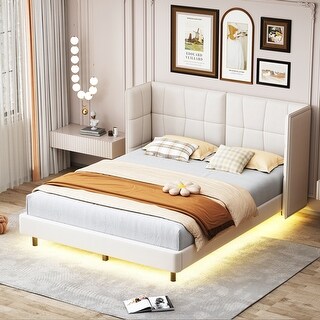 Roomfitters Queen Size Upholstered Platform Bed with LED Lights and U-Shaped Headboard, Linen Fabric, for Bedrooms