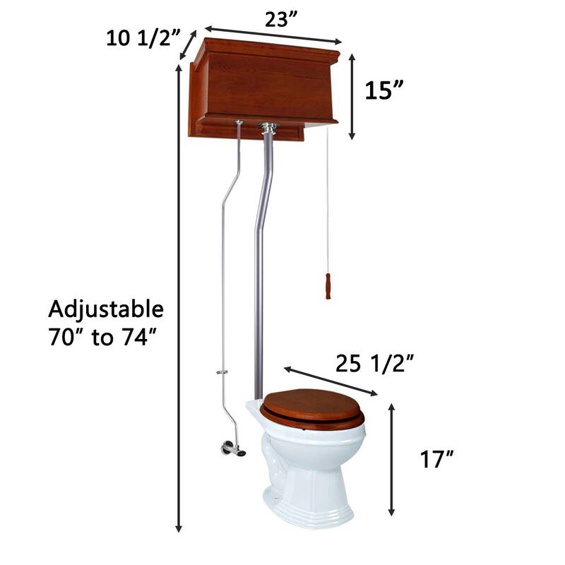 Light Mahogany Wooden High Tank Toilet Flat Tank, White Elongated Bowl and Satin L Pipe