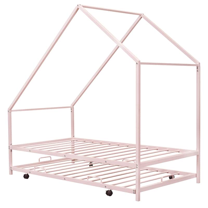 Kids Twin House Bed with Pull-Out Trundle, Metal Frame, Easy Assembly