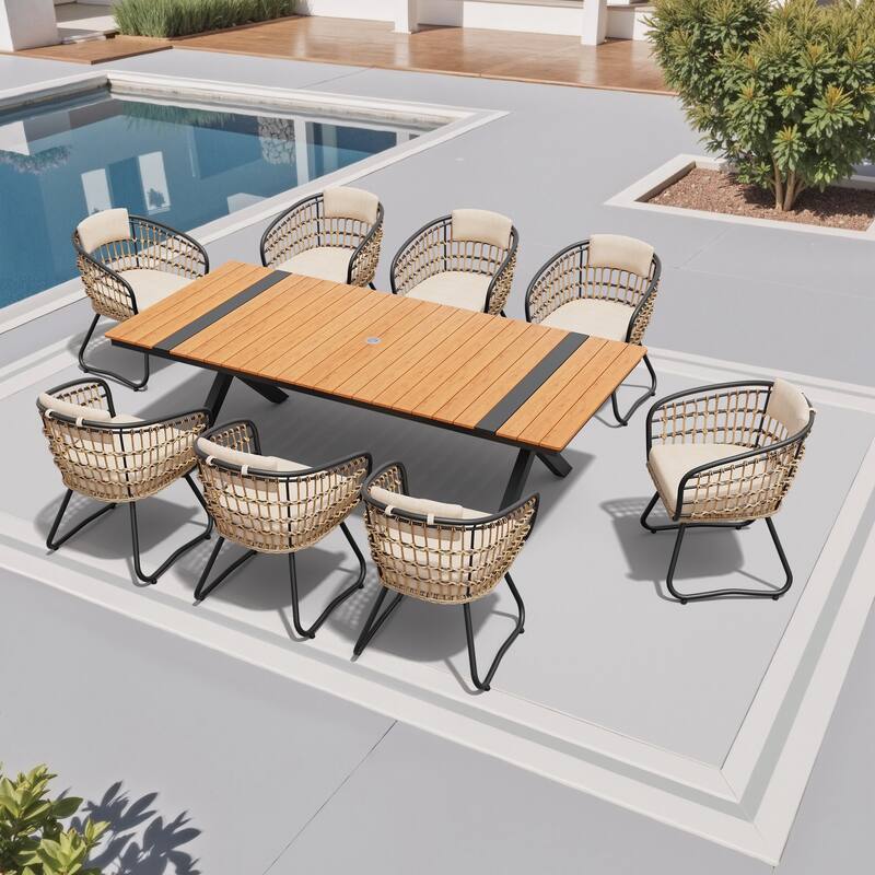 9-Piece Set Outdoor Aluminum Dining Table with Cushioned PE Rattan Chairs - Brown table with beige cushion chair