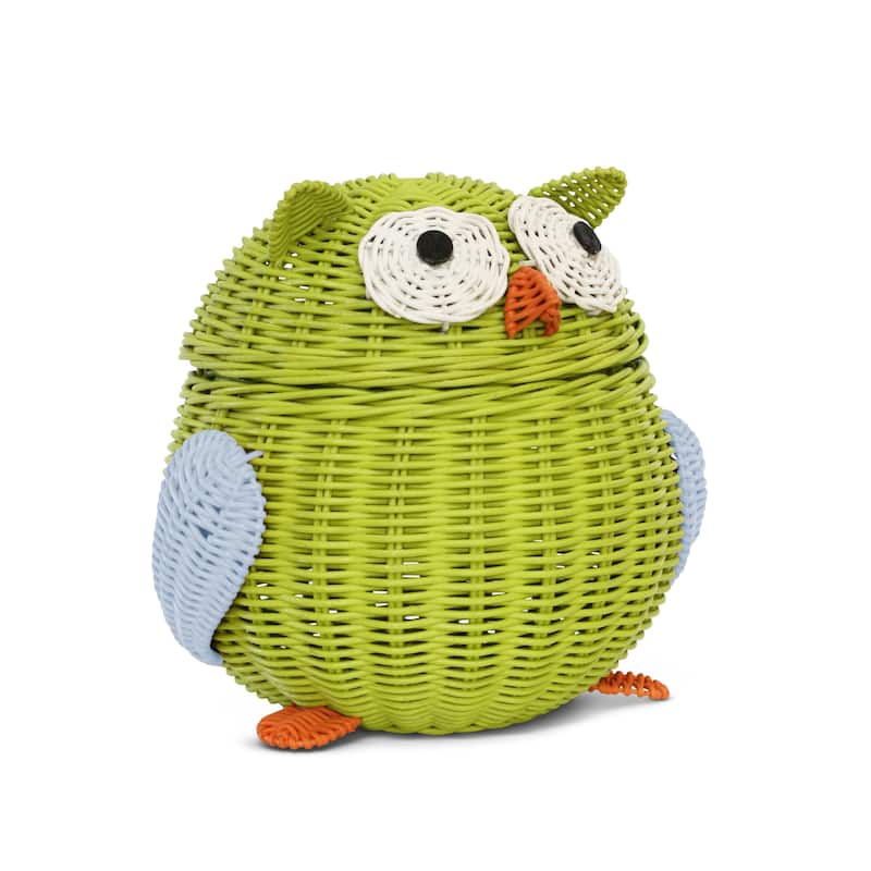 Green Owl Rattan Storage Basket with Lid Decorative Home Decor Hand Woven Shelf Organizer Cute Handmade Handcrafted Gift Art - 9.5" tall x 9.5" wide x 8" deep