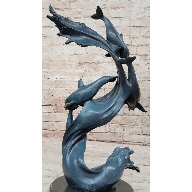 Four Swimming Dolphins Bronze Sculpture Statue Original Art Blue Green Patina