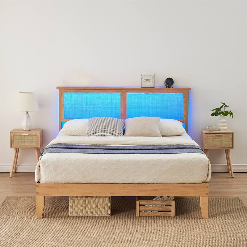 Bed Frame with Natural Rattan Headboard, LED Lights, No Box Spring Needed - Queen
