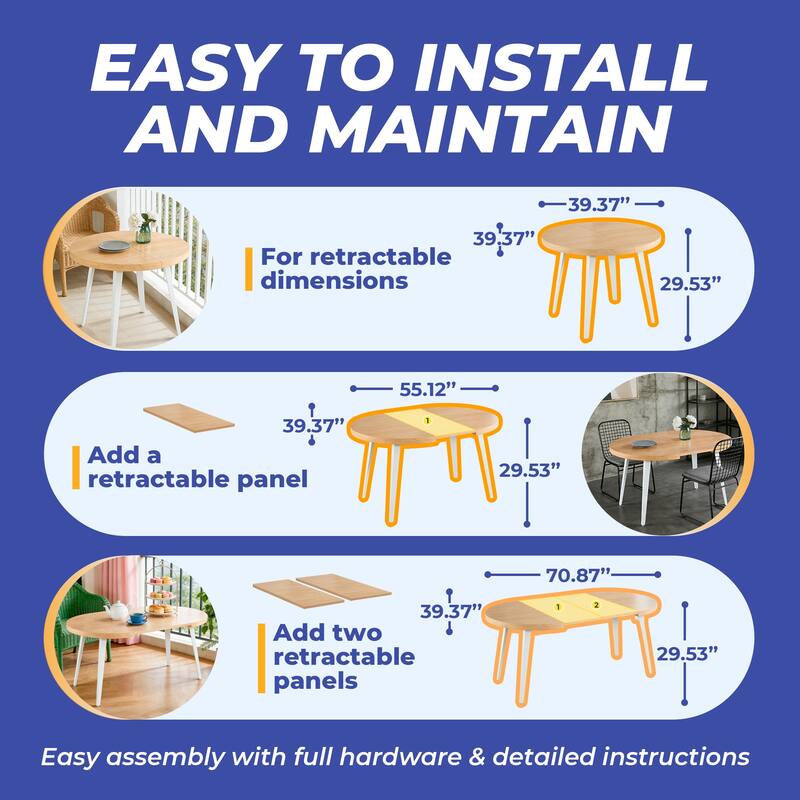 Modern Extensible Oval Dining Table 4-6 Person, Kitchen Table with MDF Top & Metal Legs for Dining Room, Living Room