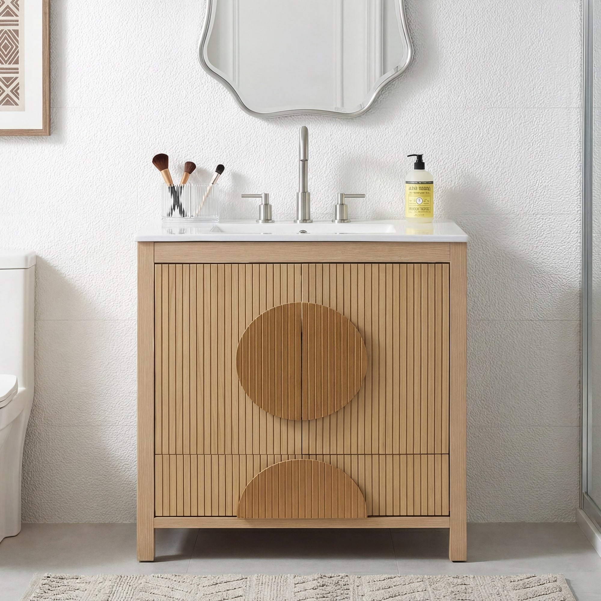 GDFStudio - Modern 30" Freestanding Fluted Bathroom Vanity with Integrated Ceramic Sink, Soft Close Storages & Adjustable Shelf
