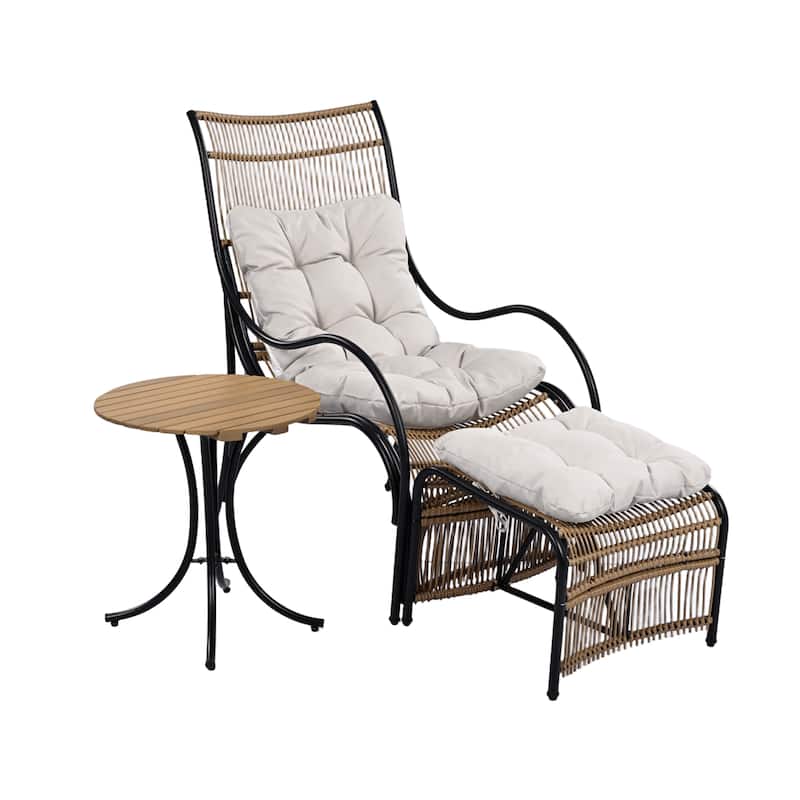 3 Pieces Wicker Outdoor Patio Furniture Set with Lounge Chair, Balcony Chairs Table Set with Cushions, Ottoman