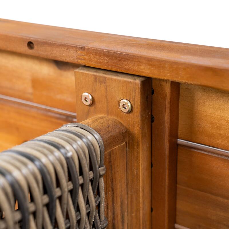 Outdoor Acacia Wood Bench(Set of 2), Teak Finish+ Grey Wicker