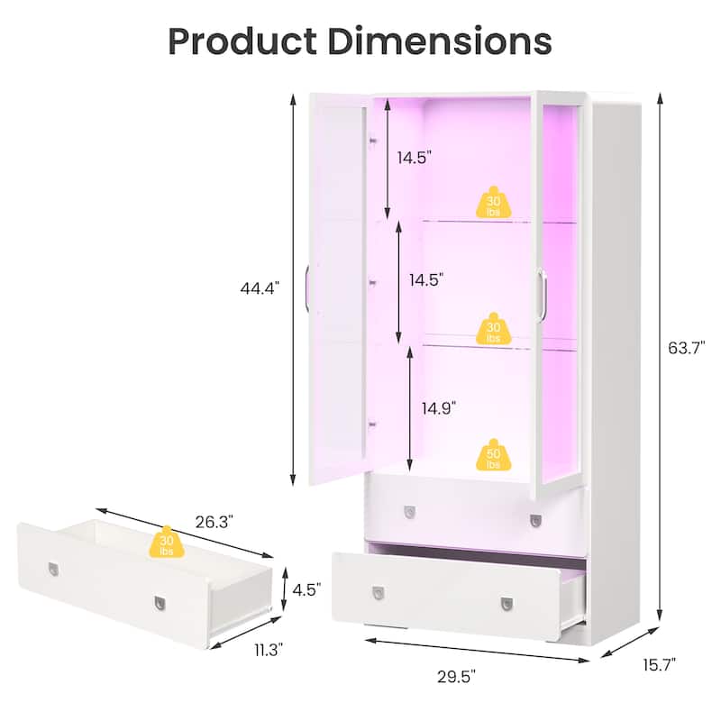64'' Tall Display Cabinet with Acrylic Doors and LED Lights - N/A