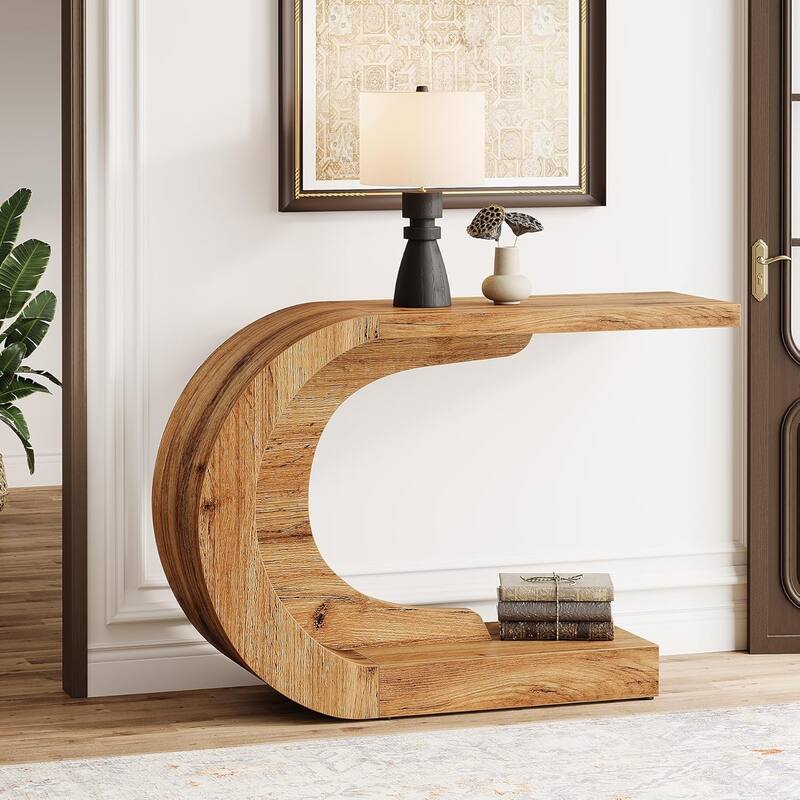 43.3 Inches Brown Wood C-Shaped Console Table, Mid-Century Modern Entryway Table for Living Room