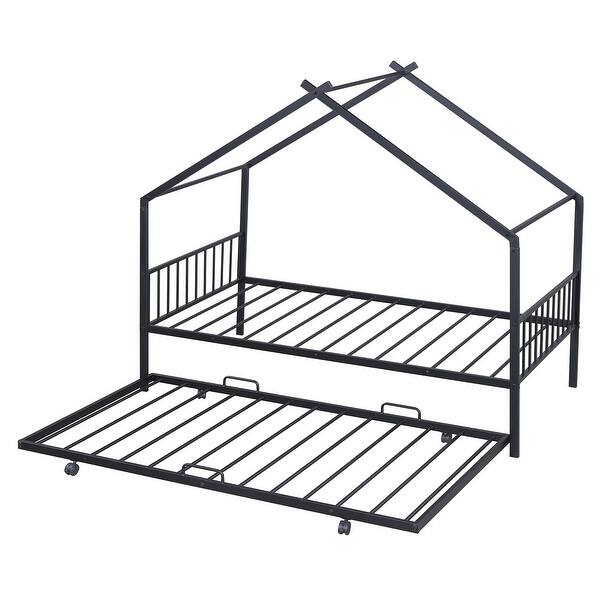 slide 2 of 13, Twin Size Metal House Bed with Twin Size Trundle, Black Black - Twin