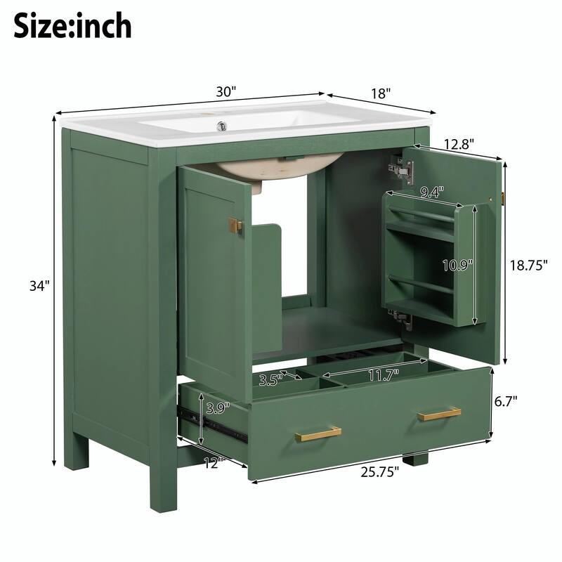 36"/30" Bathroom Vanity with Ceramic Sink, Soft-Close Doors, Double Storage Shelves & Divided Drawer