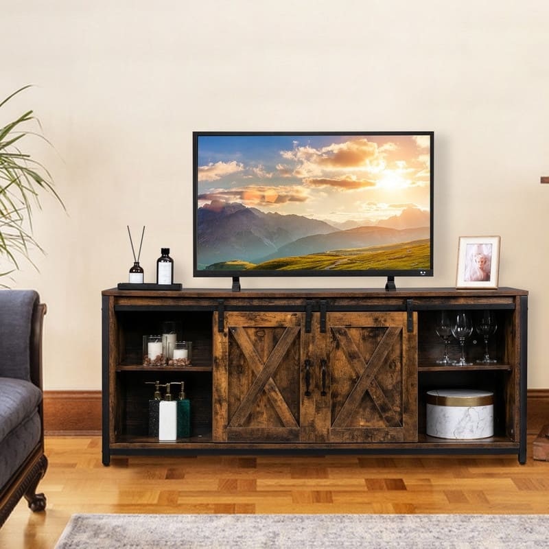 Sliding Barn Doors TV Stand for 58-Inch TV Console Cabinet - n/a - Brown