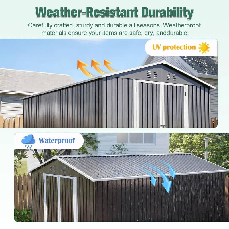 8' x 12' Lockable Outdoor Metal Storage Shed, Aluminum Frame, Durable Garden Tool Shed for Backyard, Patio or Lawn