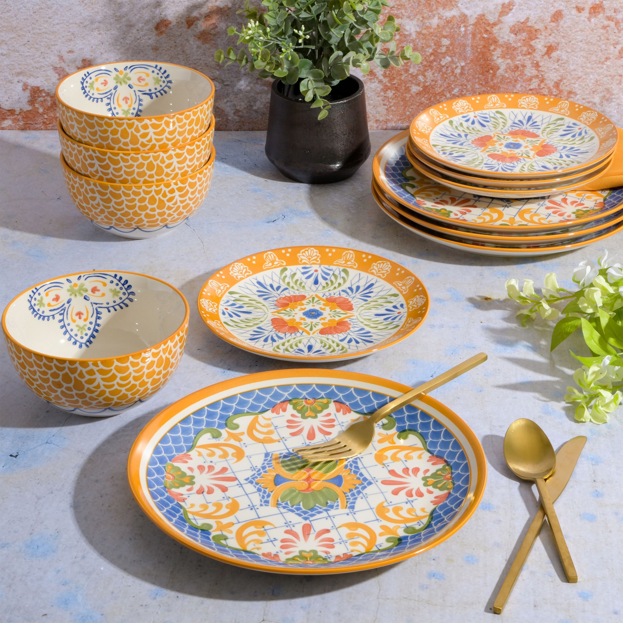 12 Piece Cottage Round Stoneware Dinnerware Set in Floral Patterns