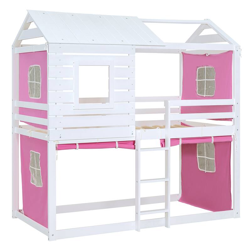 Pink+White Twin Size Solid Wood House Bunk Bed with Tent, Ladder and Fence for Kids, Bedroom