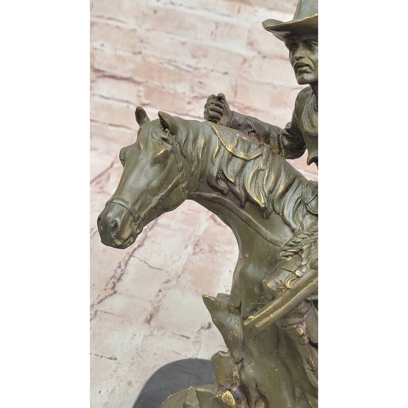 Cowboy With Rifle On Rearing Imitative Horse Bronze Sculpture - Wild West Equestrian Art