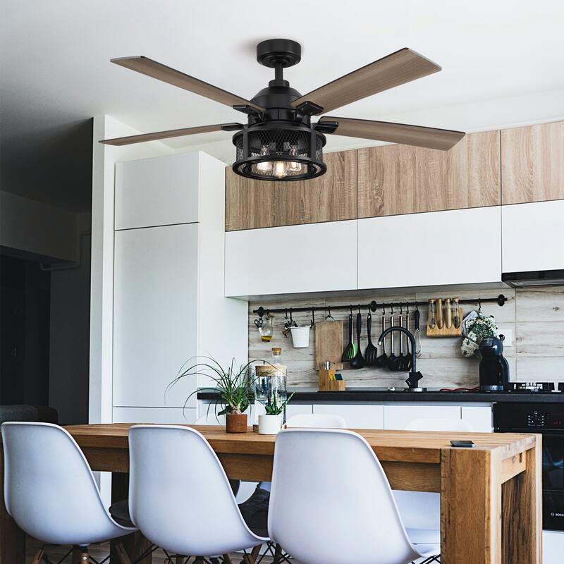 52" 5-Blade Industrial Black Ceiling Fan with Light