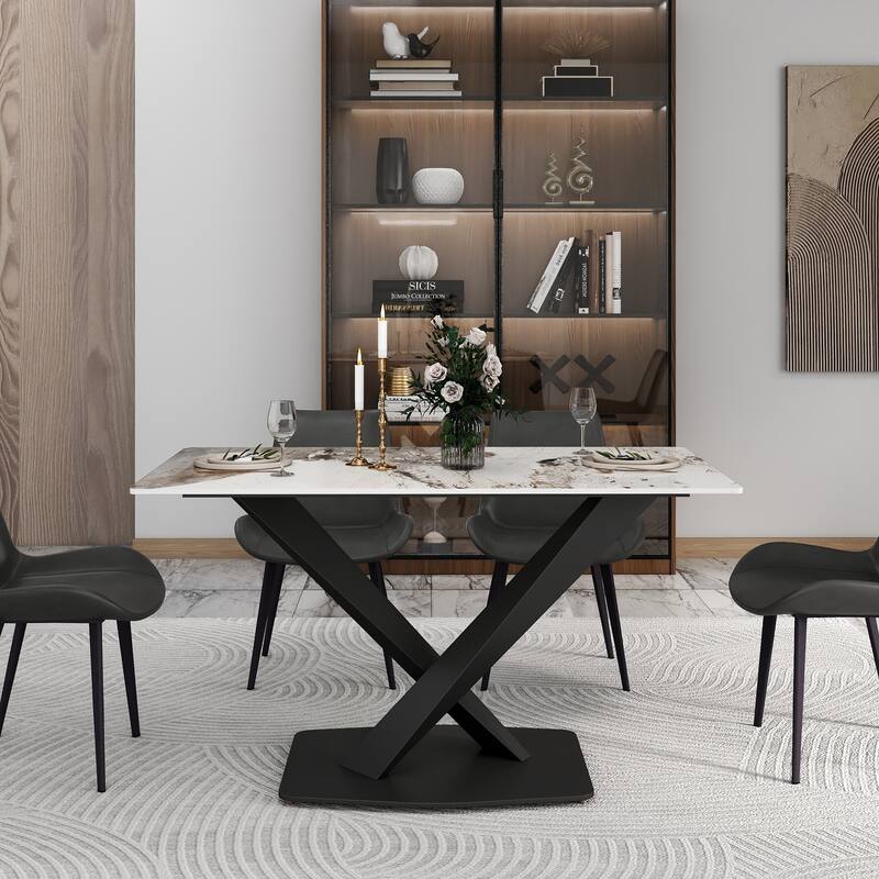 White 55 Inch Sintered Stone Kitchen Table with X-Shape Carbon Steel Pedestal, Minimalist Sintered Stone Tabletop