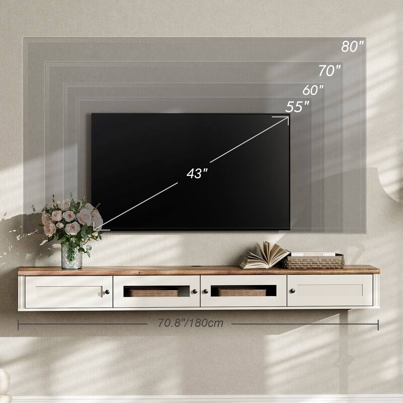 WAMPAT Floating TV Stand for TVs up to 80 Inches, Wall-Mounted Wooden TV Shelf with Built-in Charging Station