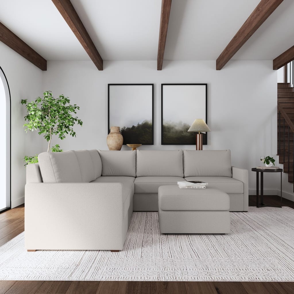 Flex Taupe Fabric 5-Seat Sectional with Narrow Arm and Ottoman - 102" x 35" x 102"