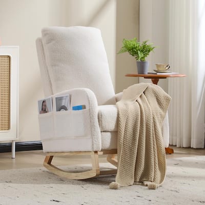 Wood Rocking Chair with Teddy Fabric and Side Pocket - 24.8"L x 29.5"W x 40.9"H