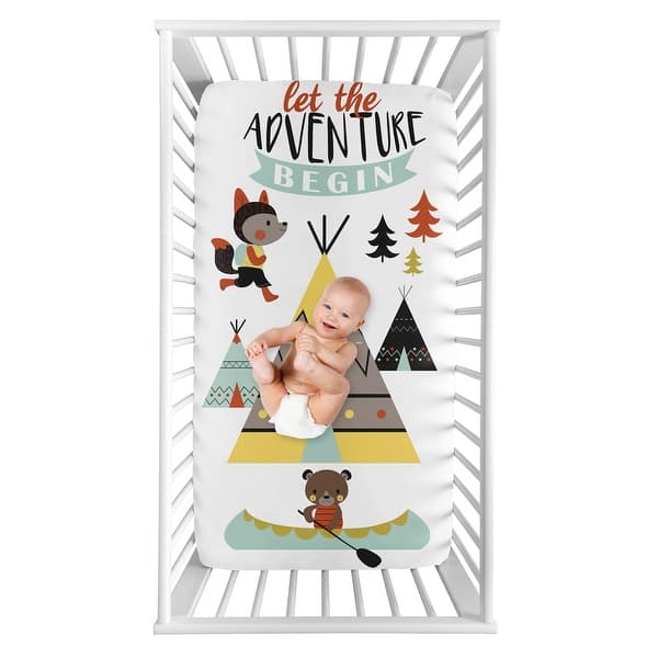 slide 2 of 2, Woodland Outdoor Adventure Collection Boy or Girl Photo Op Fitted Crib Sheet - Aqua and Yellow