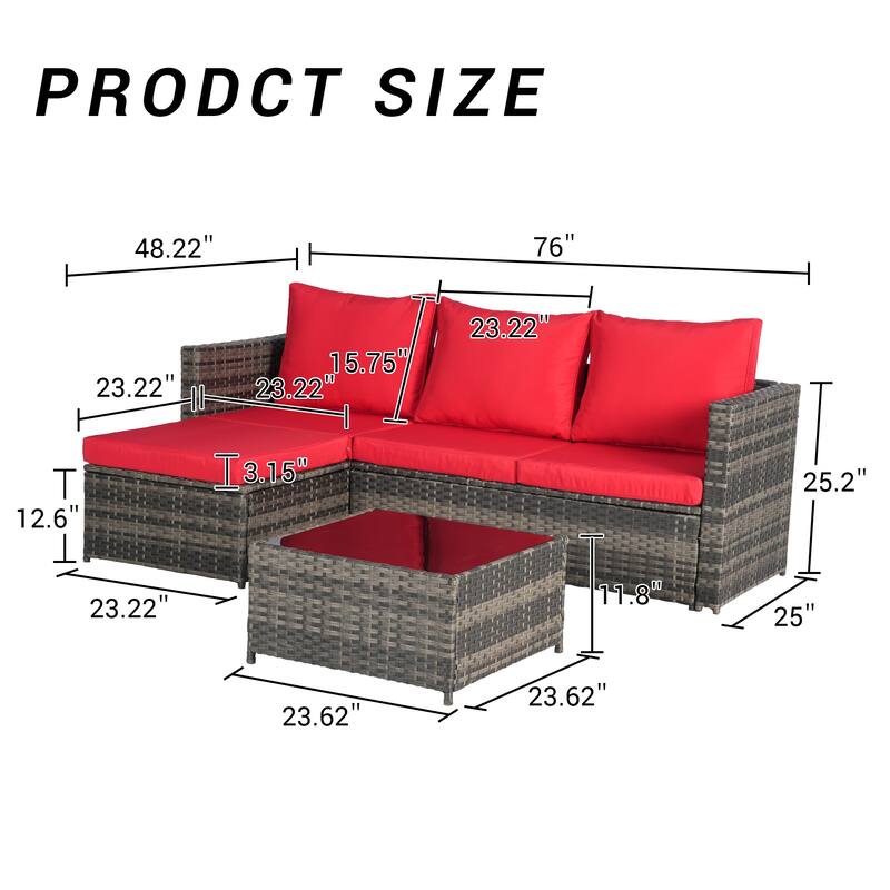 2-Pieces Outdoor Patio L-Shaped Sectional Sofa Set with Glass Coffee Table