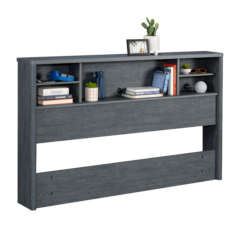 Wood Full/Queen Bookcase Headboard with Shelves and Open Cubbies, Denim and Brown