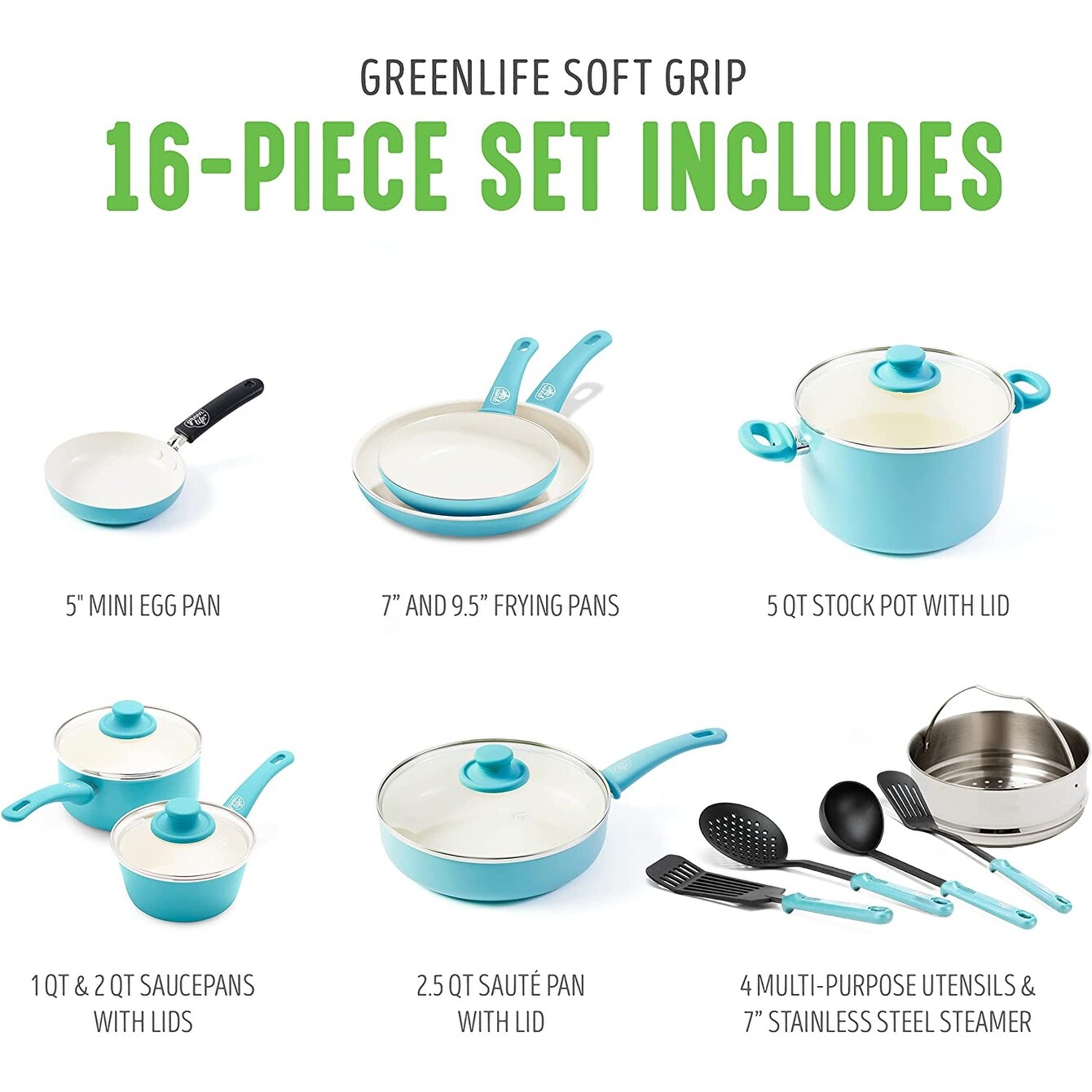 GreenLife Soft Grip Healthy Ceramic Nonstick 16 Piece Cookware Pots and Pans Set PFAS Free Dishwasher Safe Caribbean Blue Bed Bath Beyond 37508763