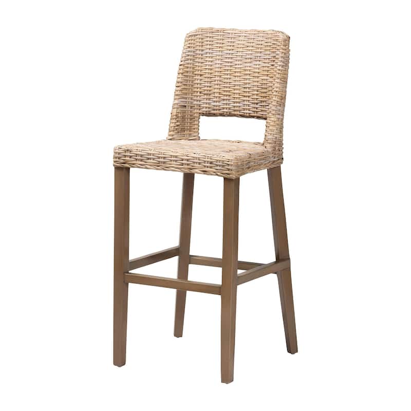 Magy Modern Bohemian Grey Kubu Rattan and Mahogany Wood Bar Stool - Grey