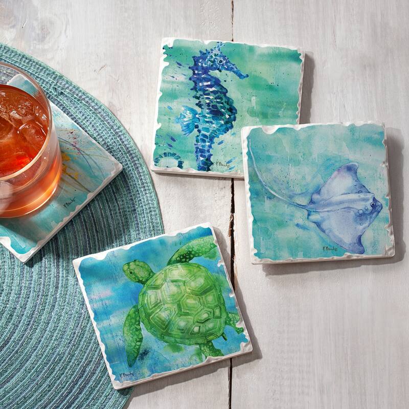 Counterart Absorbent Stone Coaster, Arianna Sealife, Set of 4 - 4.00x4.18