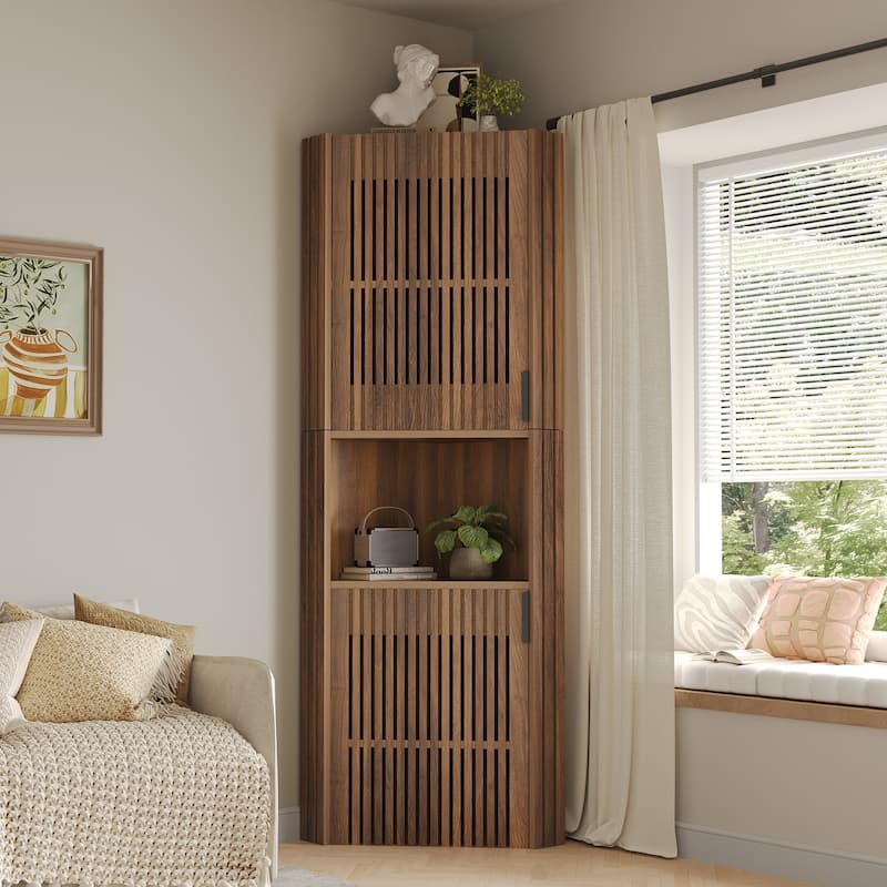 Tall Corner Storage Cabinet with Doors - Brown