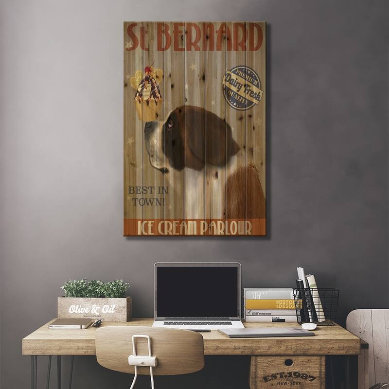 St. Bernard Ice Cream Print On Wood by Fab Funky - Multi-Color