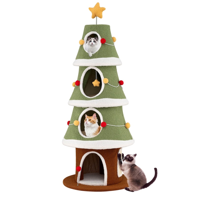 Costway 61”Large Christmas Cat Tree with 4 Condos, Sisal Carpet, - as pic shows - See Details