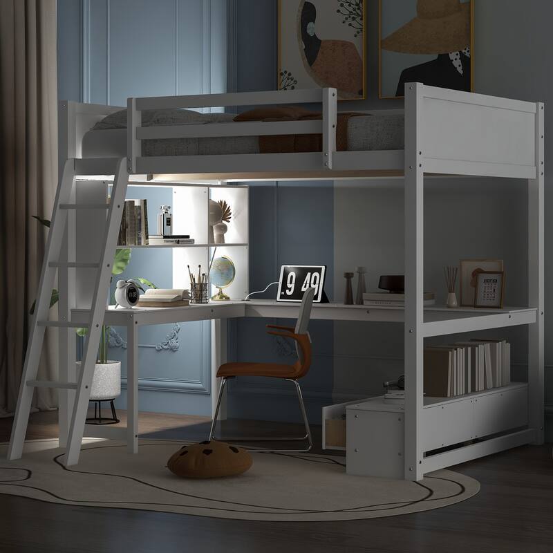 Loft Bed with L-shaped Multi-storage Desk, LED light and USB Charging Station, Storage Bench with 2 Drawers