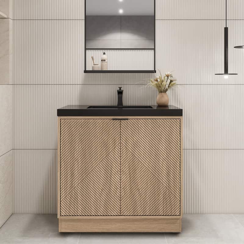 Milano 36" Freestanding Bathroom Vanity with Black Acrylic Sink - 35.42" x 19.49" x 35.46'' - Beige