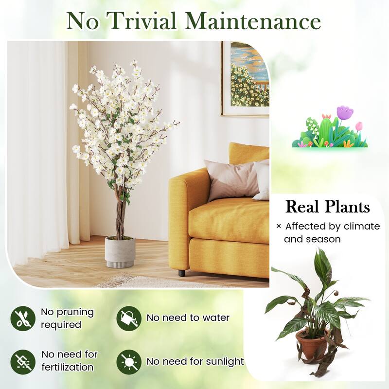 Gymax 2PCS 47'' Artificial Winter Sweet Tree Faux Plum Blossom Plant