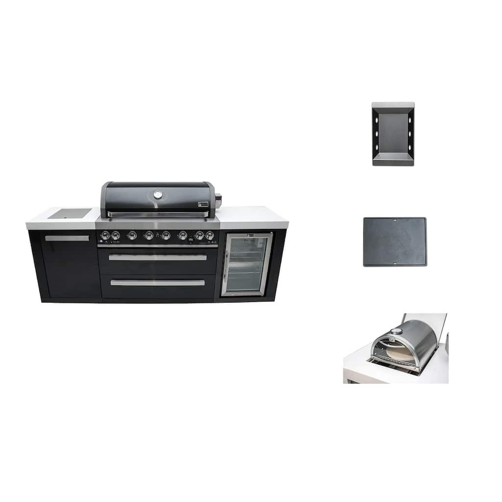 Mont Alpi MAi805-BSSFC-COMBO Black Stainless Steel Modular Outdoor Kitchen Island with Charcoal Tray Griddle Plate & Pizza Oven