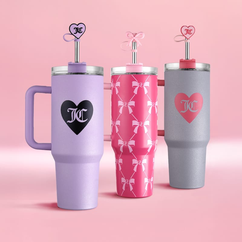 Juicy Couture Jetsetter Hydration Stainless Steel Tumbler with Handle and Straw With Topper