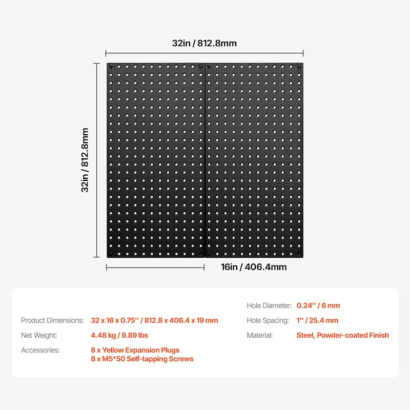 Black Steel Pegboard Panels with Volcanic Holes, 88 lbs Capacity - 16" L x 0.75" W x 32" H