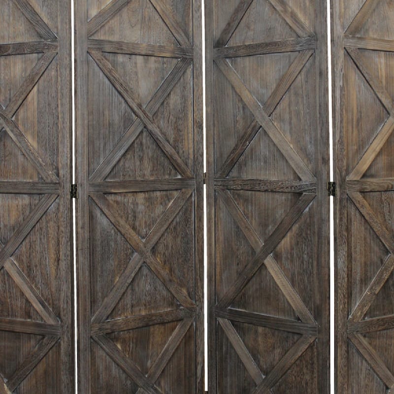 79 Inch Wood 4 Panel Screen Room Divider, Crossed Accents, Brown
