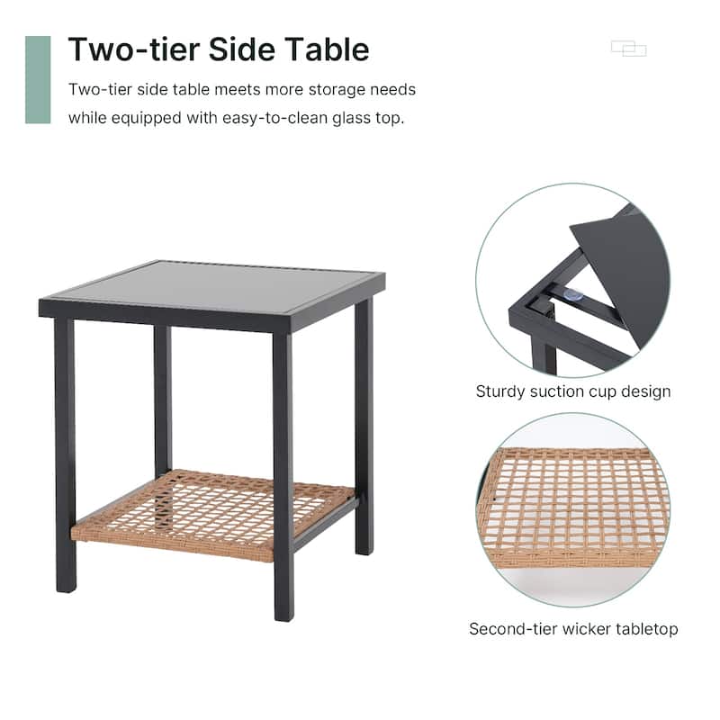 Patio 3-Piece Steel Frame Wicker Rocking Chair Outdoor Bistro Set with White Cushion & Coffee Table for Porch, Balcony