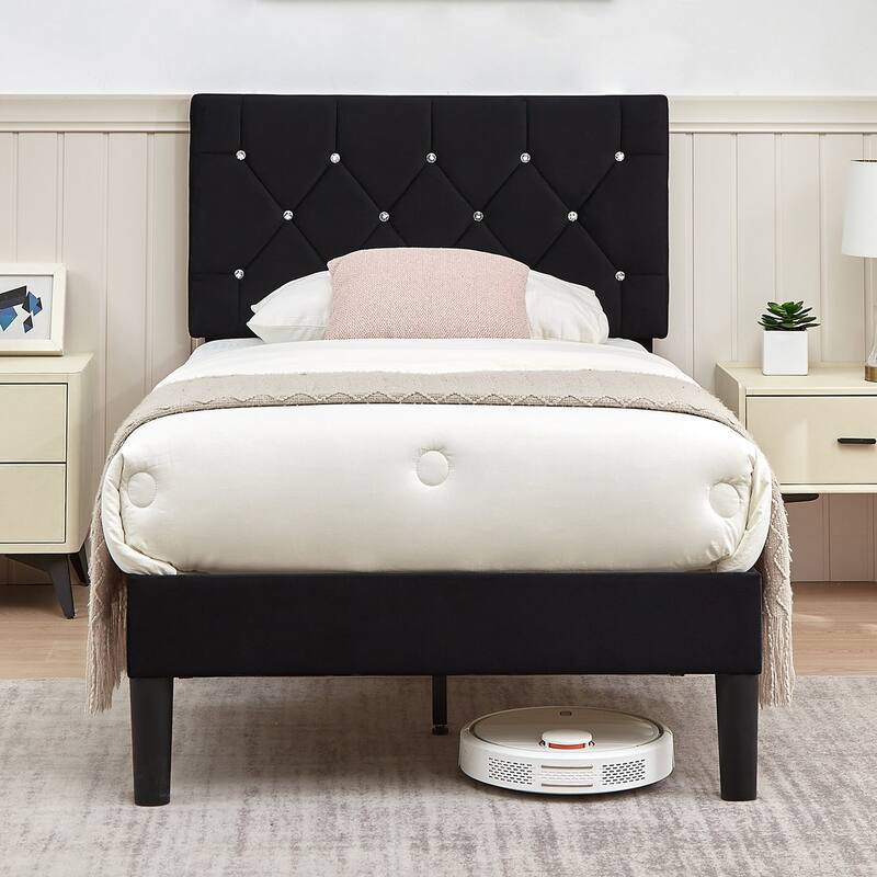 VECELO Upholstered Kids Bed Frame with Diamond Tufted Headoard,Twin Size Bed Set of 2