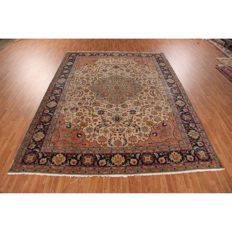 Hand Knotted Oriental 100% Wool Carpet Traditional Medallion Beige & Ivories Tabriz Area Rug - 12' 11'' X 10' 0''