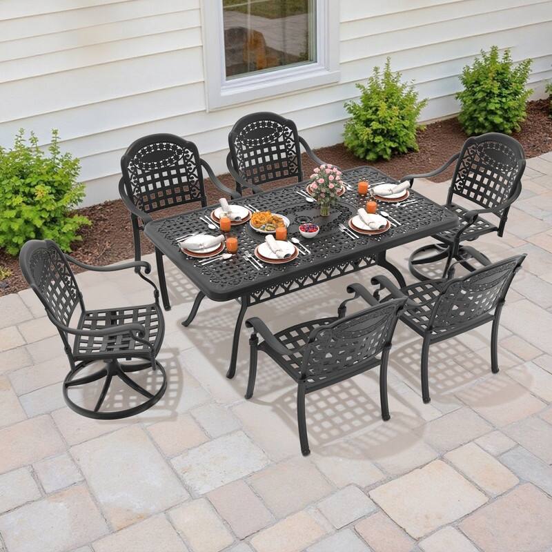 7-Piece Outdoor Dining Set with 1 Table and 6 Chairs, All-Weather Aluminum Outdoor Patio Sets