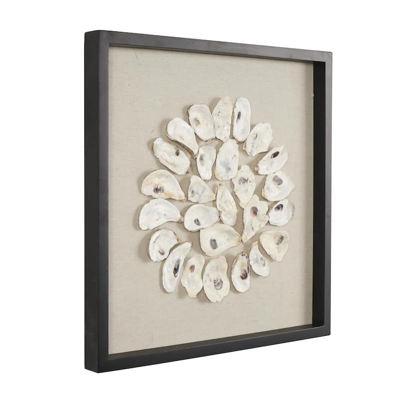 Shell Handmade Abstract Circular Wall Decor with Beige Linen Backing and Black Frame - Cream - Roche River Decor
