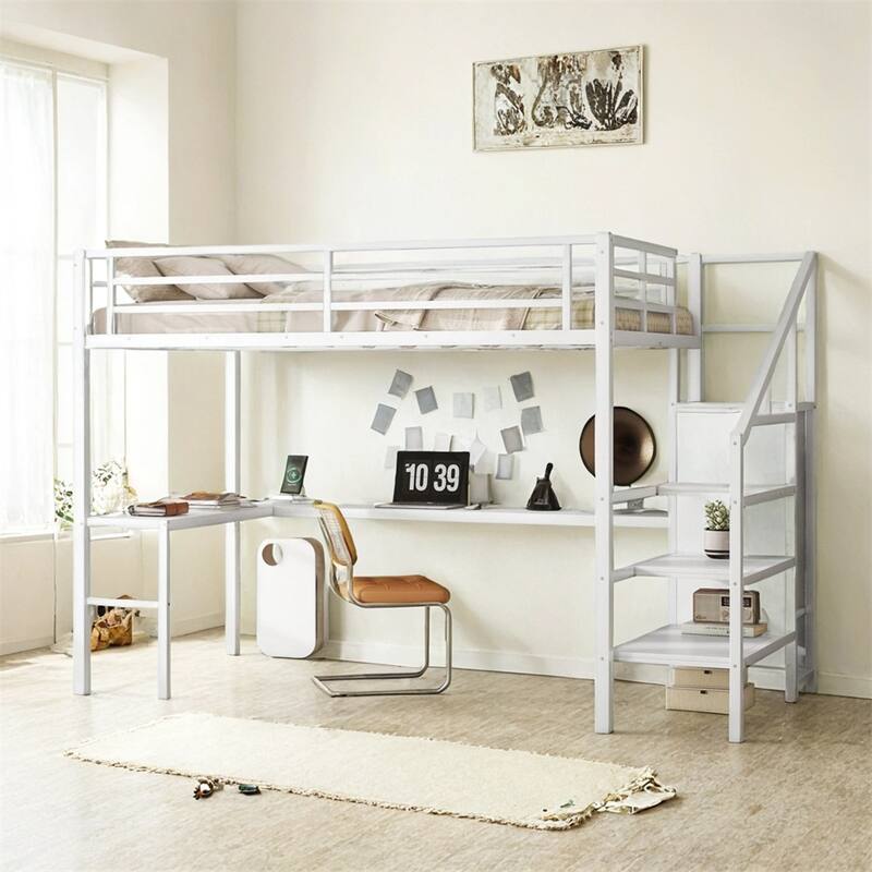 Full Size Loft Bed with L-shaped Desk & USB,Metal Loft Bed w/Wardrobe