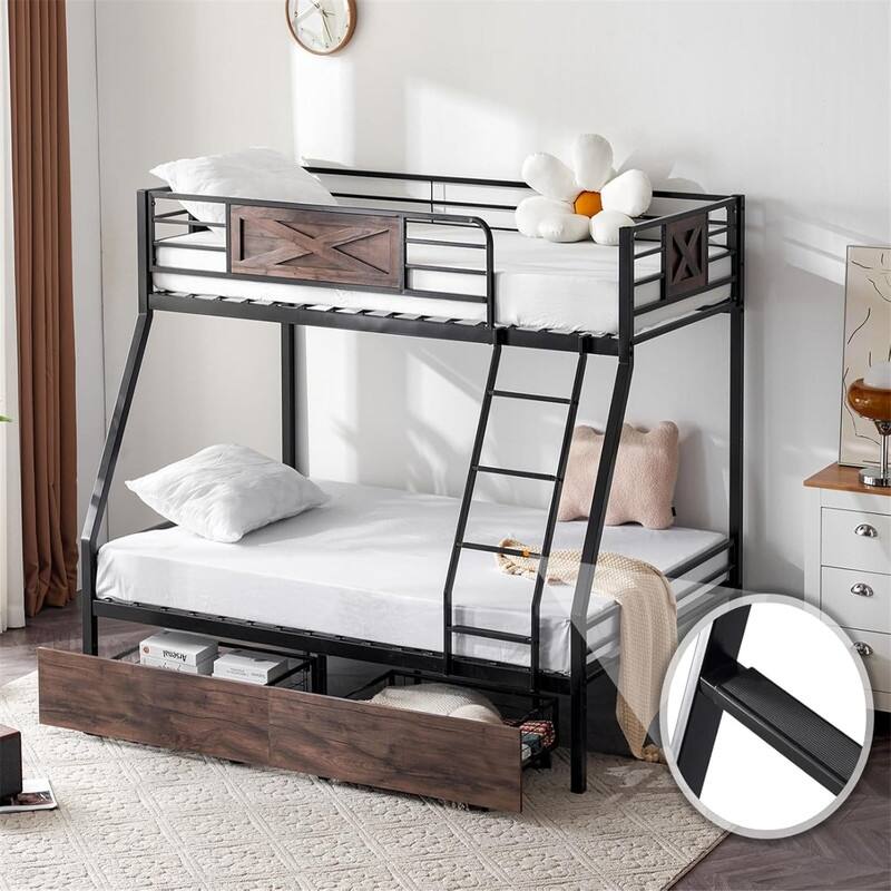 Black Iron Bunk Bed Twin Over Full with Safety Guardrail Ladder and Storage Drawers Ideal for Kids , Teens and adults
