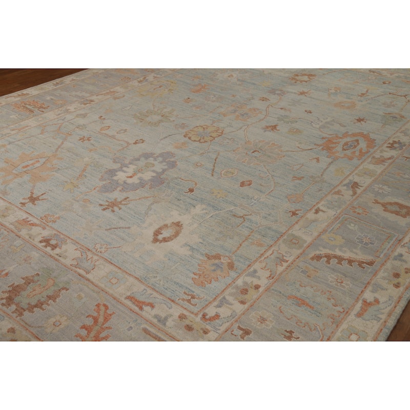 Blue Vegetable Dye Oushak Turkish Rug Hand-Knotted Floral Wool Carpet - 9'2"x 12'3"