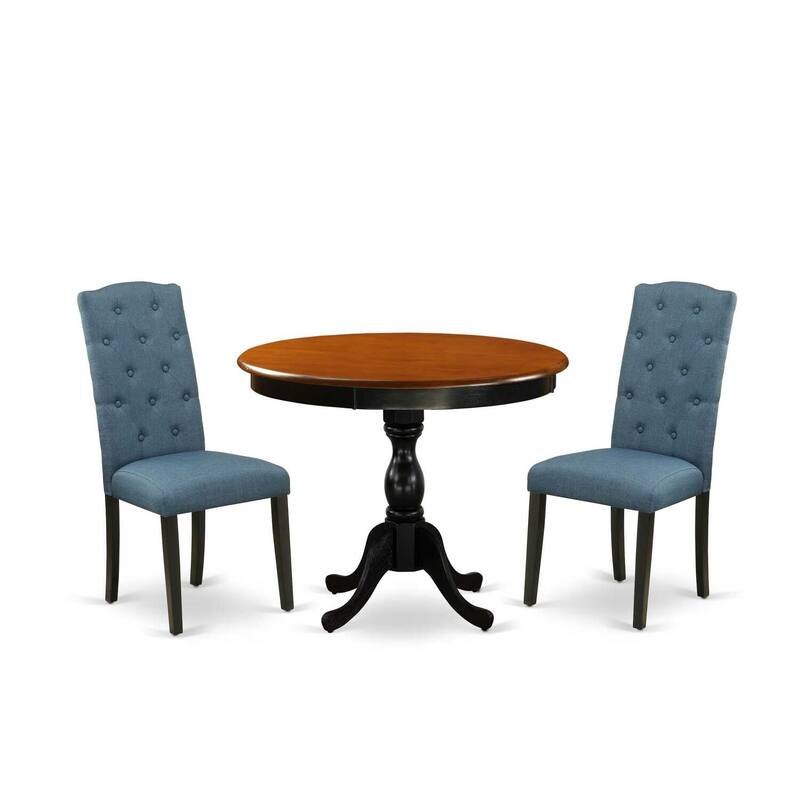 3-Piece Black and Cherry Finish Solid Wood Top - Button Tufted Dining Room Set - Seats-4